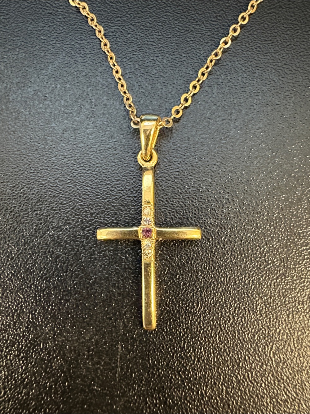 Pretty Goldtone Cross Pendant Necklace with Pink Accent